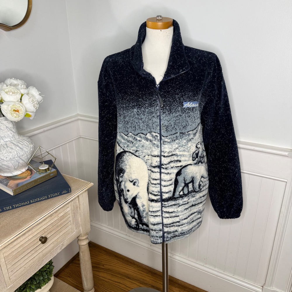 Northern Lifestyles Vintage Polar Bear Fleece Jacket Navy Blue Alaska Large